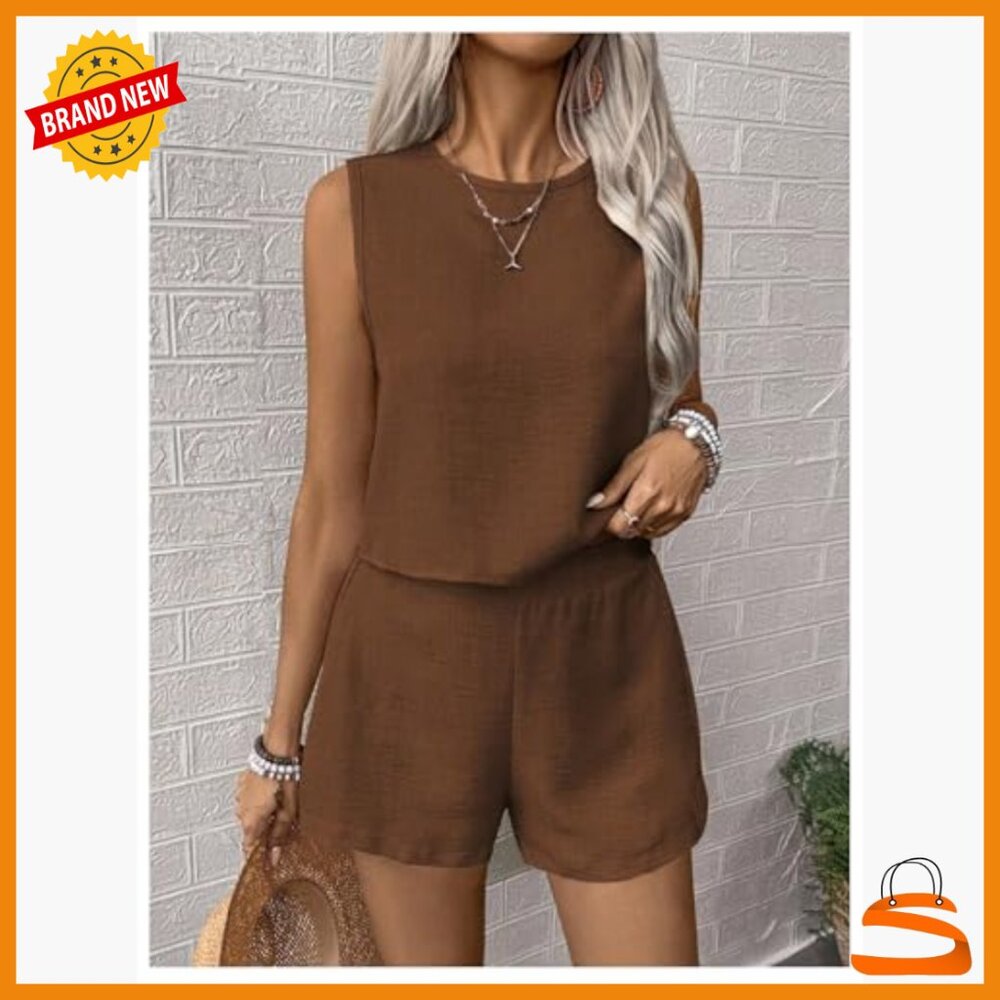 Large Polyester 2-Piece Short Set, Sleeveless Tan… - image 4